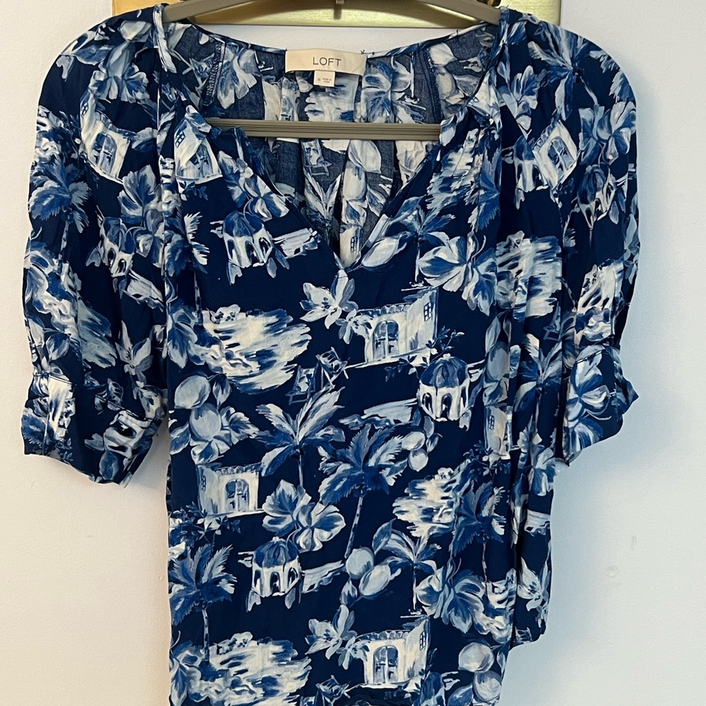 LOFT Blue and White Puff Sleeve Blouse with Ruched Details